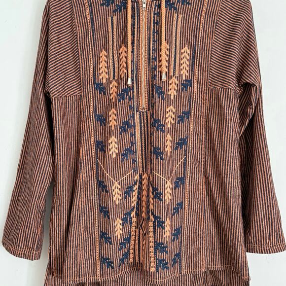 Anthropologie Mur Mur Boho Hoodie Embroidered Blue Striped Cotton Top Size S - Picture 5 of 7